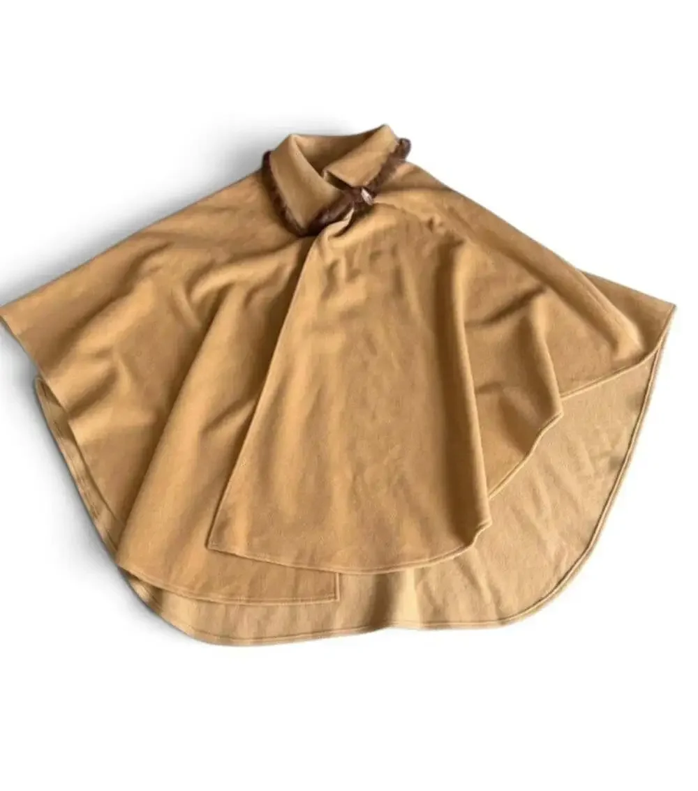 Hourihan Lambswool Cashmere Cape Women’s 42 Camel Fur Trim Irish Vintage